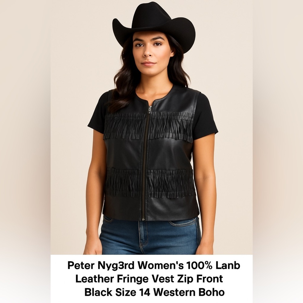 Peter Nygård 100% Lamb Leather Fringe Vest Women’s Size 14 Black Western Boho
